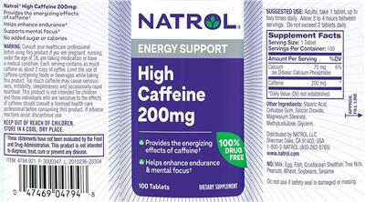 Photo of the Natrol High Caffeine 200 mg label