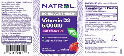 Photo of the Natrol Vitamin D3 5,000 IU Fast Dissolve Strawberry label