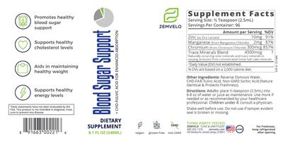 Photo of the Zemvelo Blood Sugar Support label