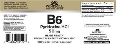 Photo of the Windmill B6 Pyridoxine HCl 50 mg label
