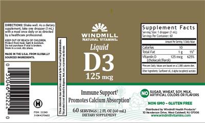 Photo of the Windmill Natural Vitamins Liquid D3 125 mcg label