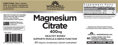 Photo of the Windmill Magnesium Citrate 400 mg label