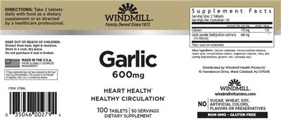 Photo of the Windmill Garlic 600 mg label