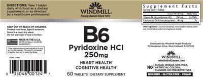 Photo of the Windmill B6 Pyridoxine HCl 250 mg label