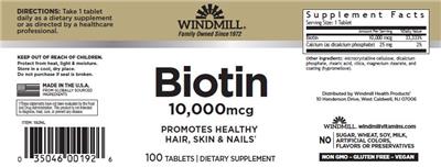 Photo of the Windmill Biotin 10,000 mcg label
