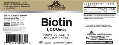 Photo of the Windmill Biotin 1,000 mcg label
