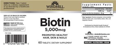 Photo of the Windmill Biotin 5,000 mcg label