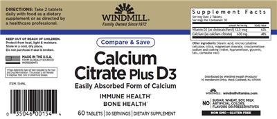 Photo of the Windmill Calcium Citrate Plus D3 label