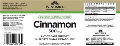 Photo of the Windmill Cinnamon 500 mg label