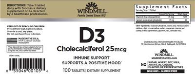 Product label for D3 Cholecalciferol 25 mcg