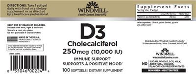 Photo of the Windmill D3 Cholecalciferol 250 mcg (10,000 IU) label