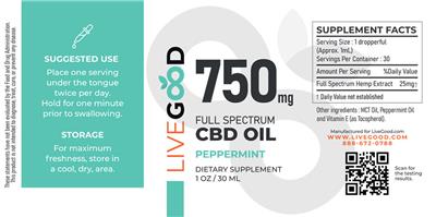 Photo of the LiveGood Full Spectrum CBD Oil Peppermint 750 mg label