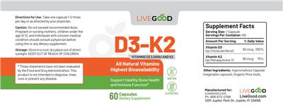 Photo of the LiveGood D3-K2 Vitamins D3 2,000 IU and K2 label