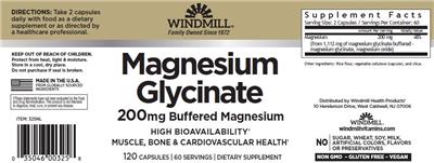 Photo of the Windmill Magnesium Glycinate 200 mg label