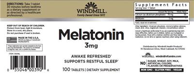 Photo of the Windmill Melatonin 3 mg label