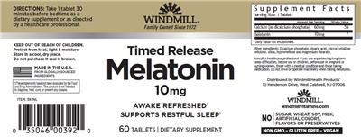 Photo of the Windmill Timed Release Melatonin 10 mg label