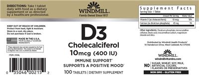 Photo of the Windmill D3 Cholecalciferol 10 mcg (400 IU) label