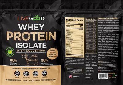 Photo of the LiveGood Whey Protein Isolate Chocolate label