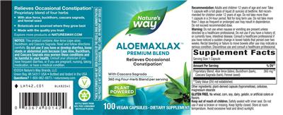 Photo of the Nature's Way AloeMaxLax Premium Blend 360 mg label