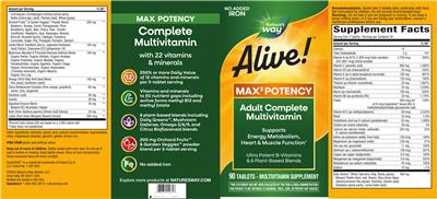Photo of the Nature's Way Alive! Max3 Potency Adult Complete Multivitamin No Added Iron label