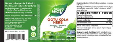 Photo of the Nature's Way Gotu Kola Herb 950 mg label