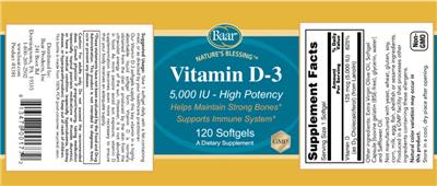 Photo of the Baar Nature's Blessing Vitamin D-3 5,000 IU label