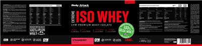 Photo of the Body Attack Sports Nutrition Extreme Iso Whey Strawberry Flavour label