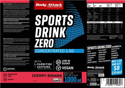Photo of the Body Attack Sports Nutrition Sports Drink Zero Cherry-Banana Flavour label
