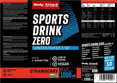 Photo of the Body Attack Sports Nutrition Sports Drink Zero Strawberry Flavour label
