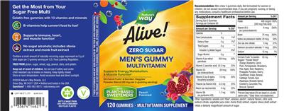 Photo of the Nature's Way Alive! Men's Gummy Multivitamin Zero Sugar Peach Flavored label