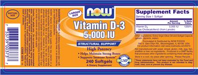 Photo of the NOW Vitamin D-3 5,000 IU label