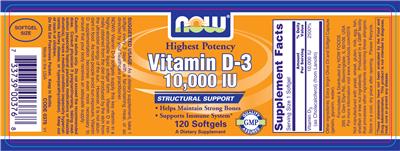 Photo of the NOW Vitamin D-3 10,000 IU label