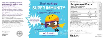 Photo of the Shakleekids Super Immunity Gummies All-Natural Cherry Flavor label