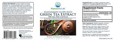 Photo of the Nature's Lab Green Tea Extract 500 mg label