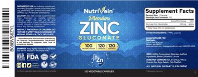 Photo of the Nutrivein Premium Zinc Gluconate 100 mg label