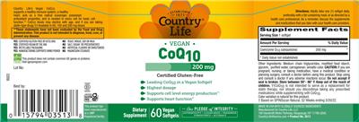 Photo of the Country Life Vegan CoQ10 200 mg label
