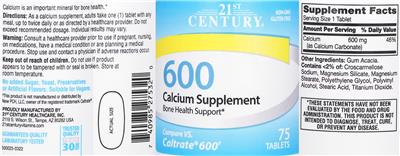 Photo of the 21st Century Calcium Supplement 600 label