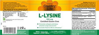 Photo of the Country Life L-Lysine 500 mg label
