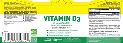 Photo of the Country Life Vitamin D3 25 mcg (1000 IU) label