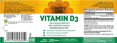 Photo of the Country Life Vitamin D3 62.5 mcg (2,500 IU) label
