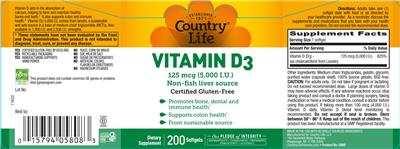 Photo of the Country Life Vitamin D3 125 mcg (5,000 IU) label