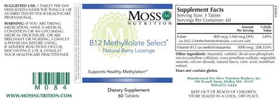 Photo of the Moss Nutrition B12 Methylfolate Select Natural Berry Lozenge label