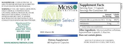 Photo of the Moss Nutrition Melatonin Select 3 mg label