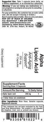 Photo of the Indiana Botanic Gardens Alpha Lipoic Acid 250 mg label