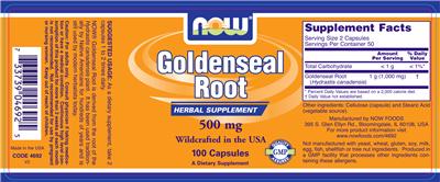 Photo of the NOW Goldenseal Root 500 mg label