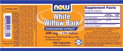 Photo of the NOW White Willow Bark 400 mg label