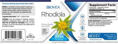 Photo of the Biovea Rhodiola 300 mg label