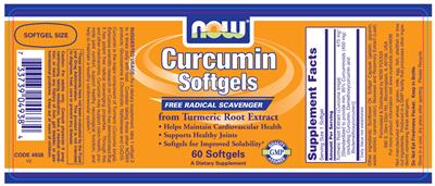 Photo of the NOW Curcumin Softgels From Turmeric Root Extract label