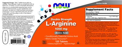 Photo of the NOW Double Strength L-Arginine 1000 mg label