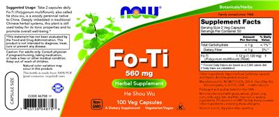 Photo of the NOW Fo-Ti 560 mg label